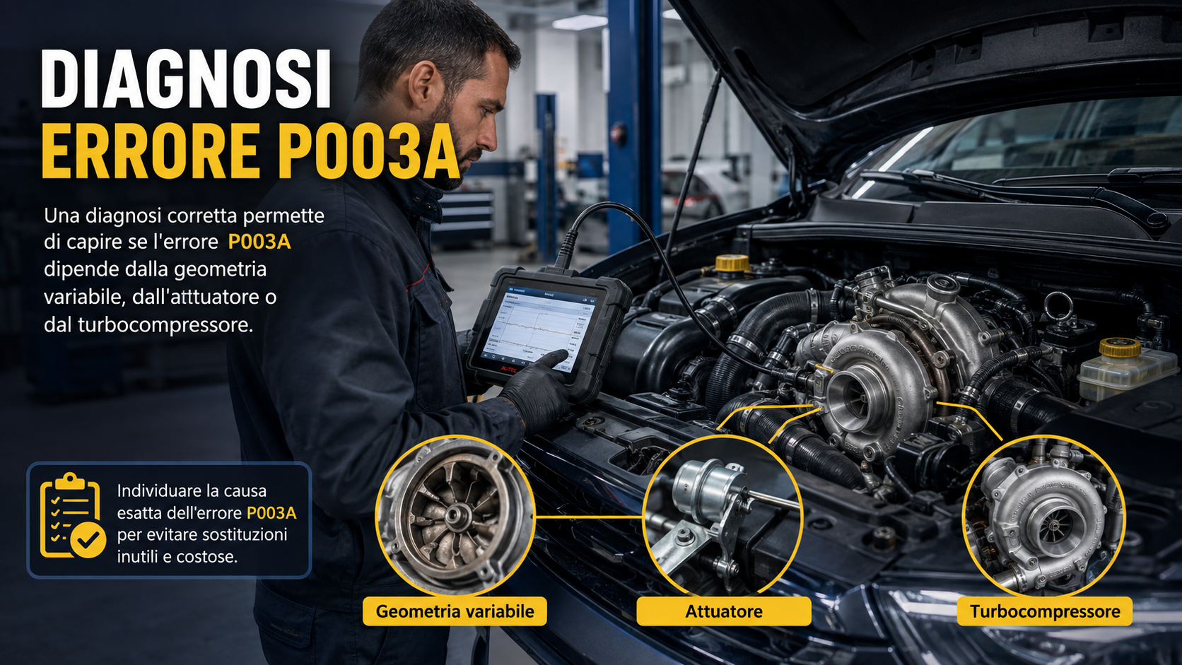 Una diagnosi corretta permette di capire se l'errore P003A dipende dalla geometria variabile, dall'attuatore o dal turbocompressore.