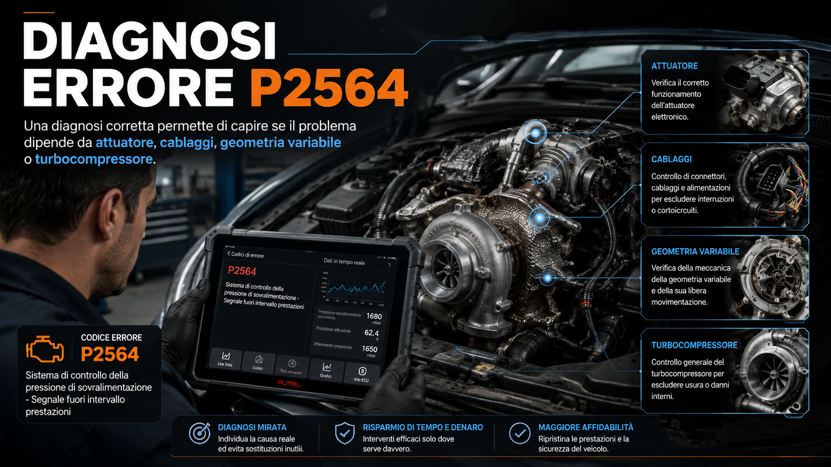 Una diagnosi corretta permette di capire se l'errore P2564 dipende da attuatore, cablaggi, geometria variabile o turbocompressore.