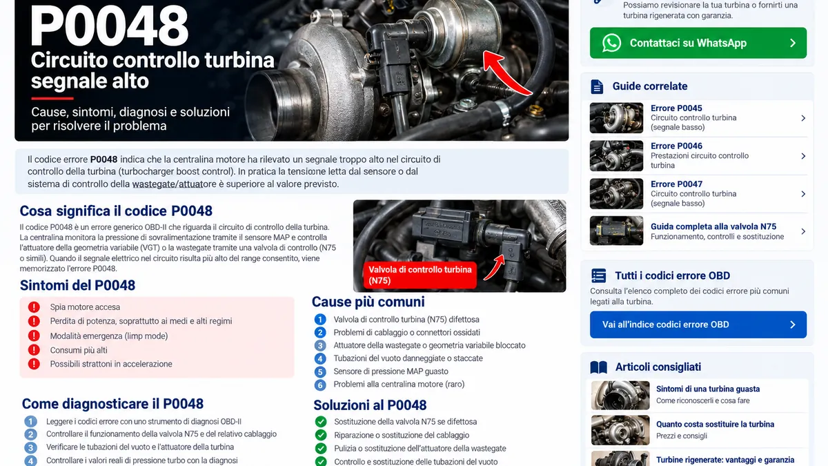 Diagnosi errore P0048 cablaggio elettrovalvola attuatore e controllo turbina