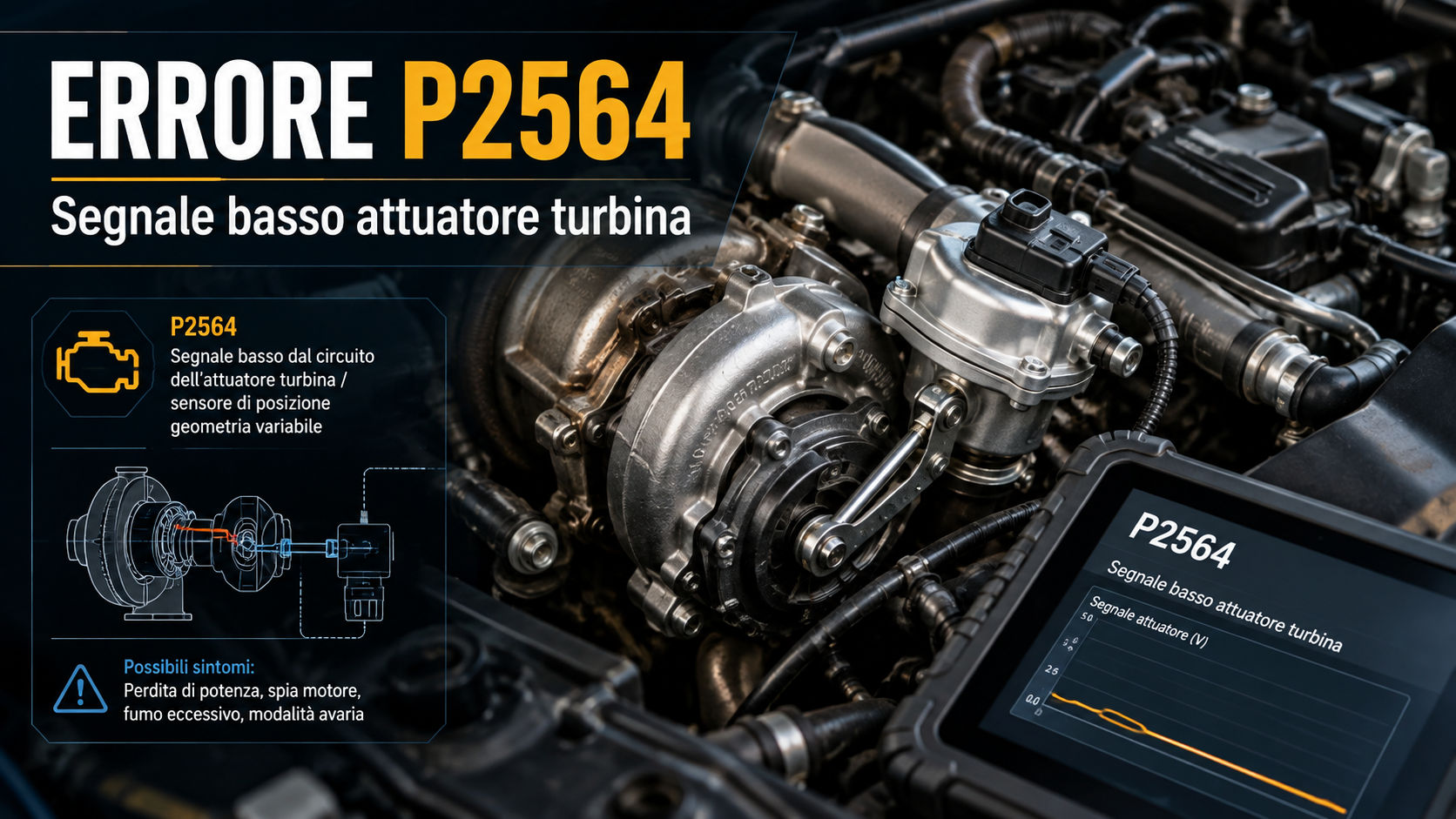 Il codice P2564 può indicare un segnale basso dell'attuatore turbina o del sensore posizione collegato alla geometria variabile.